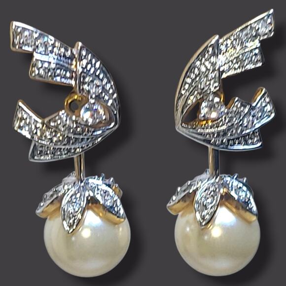 Vintage Camrose & Kross Jackie Kennedy Faux Pearl Drop Crystal Earrings JBK - Picture 3 of 8